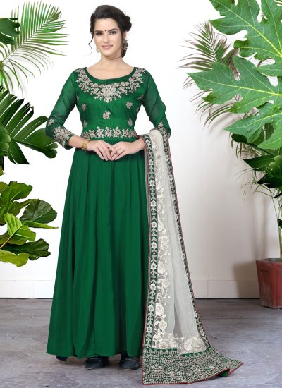 Conspicuous Green Zari Faux Georgette Long Length Salwar Kameez