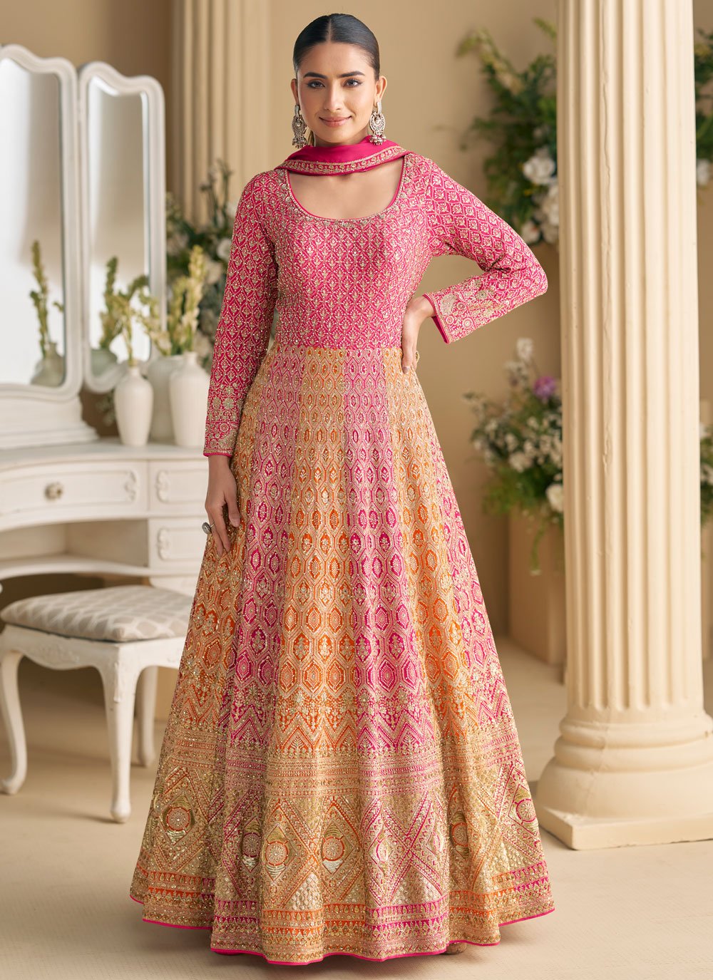 Conspicuous Orange and Pink Engagement Readymade Gown -