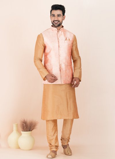Cotton Brown and Pink Jacquard Work Kurta Payjama With Jacket