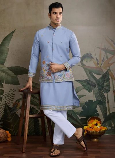 Cotton Embroidered Blue Kurta Payjama With Jacket