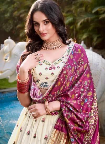 
                            Cotton Thread Off White A Line Lehenga Choli