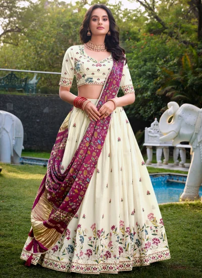 Cotton Thread Off White A Line Lehenga Choli
