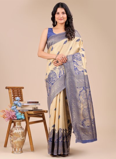 Cream and Navy Blue Party Classic Saree