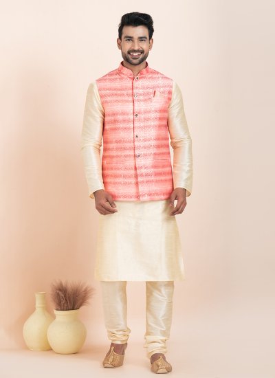 Cream and Pink Jacquard Work Kurta Payjama With Jacket