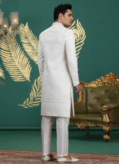 Cream Art Silk Thread Sherwani 
                            Cream Art Silk Thread Sherwani