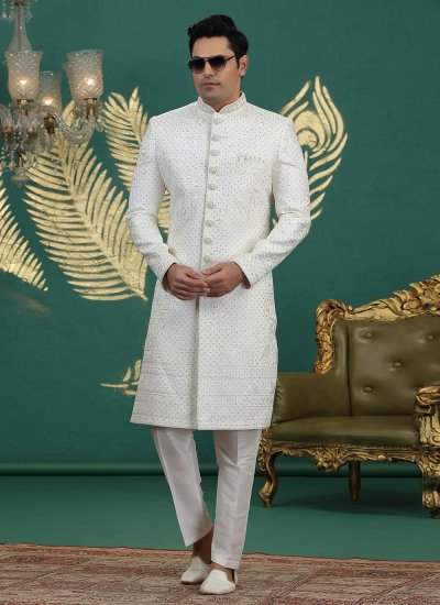 Cream Art Silk Thread Sherwani