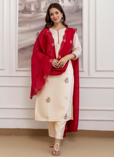
                            Cream Embroidered Chanderi Salwar Kameez
