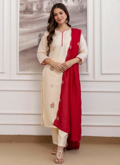 Cream Embroidered Chanderi Salwar Kameez