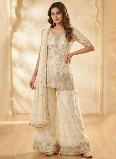 Cream Embroidered Chinon Palazzo Salwar Kameez
