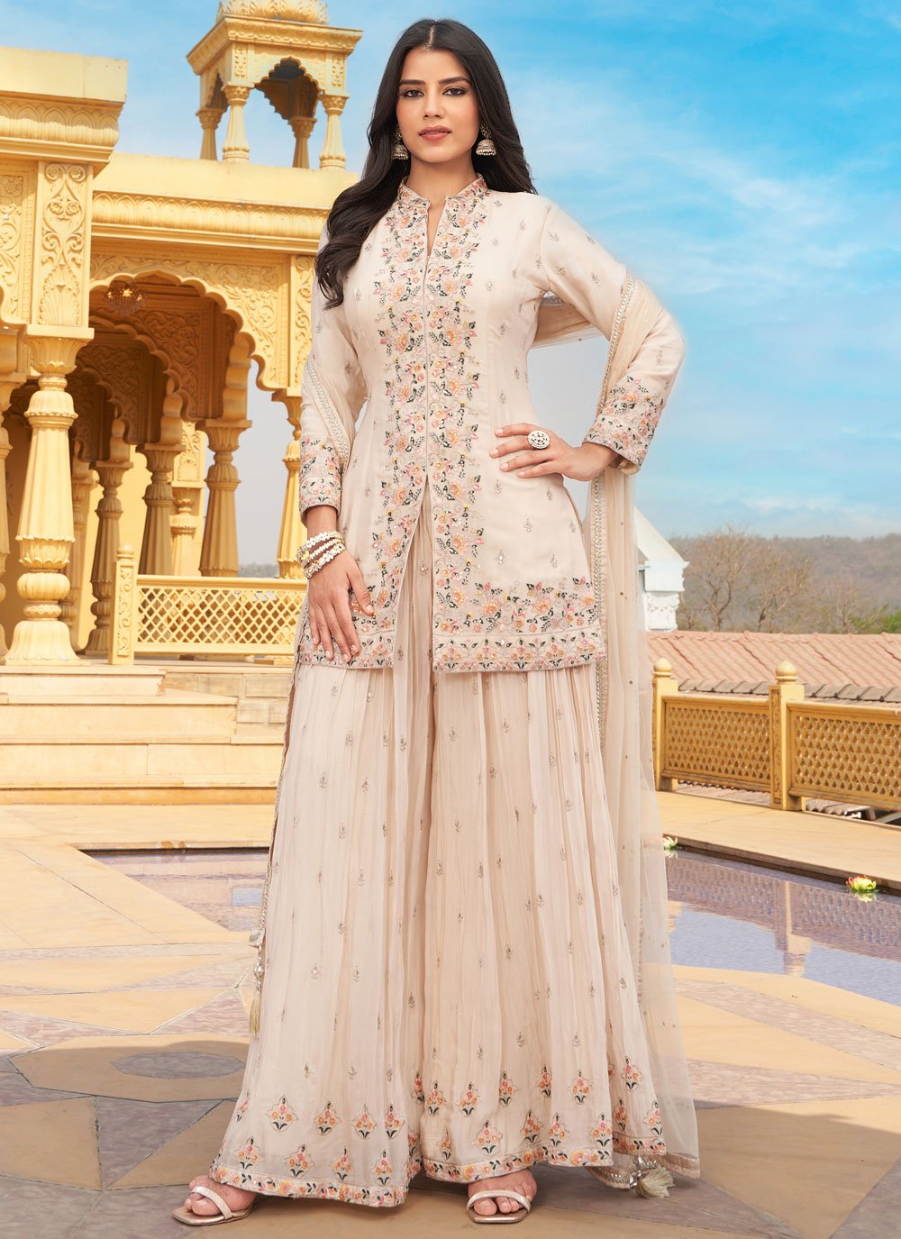 Cream Festival Georgette Readymade Salwar Kameez -