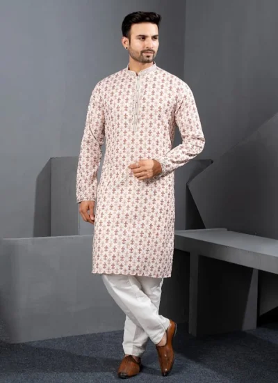 Cream Printed Reception Kurta Pyjama