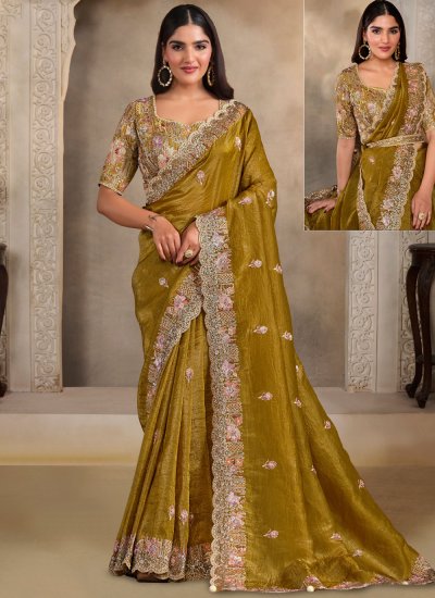 Crush Embroidered Classic Saree in Green
