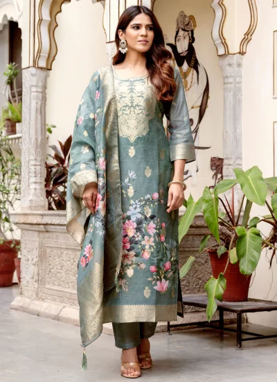 Customary Green Woven Chanderi Cotton Readymade Salwar Kameez