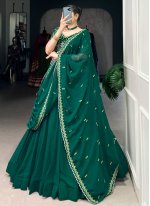 Demure Green Plain Georgette A Line Lehenga Choli