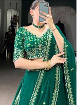 Demure Green Plain Georgette A Line Lehenga Choli