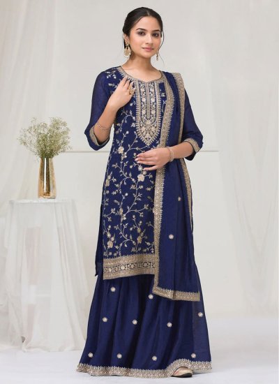 Designer Salwar Kameez Zari Vichitra Silk in Navy Blue