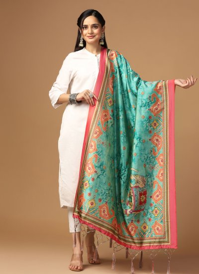 Digital Print Silk Dupatta in Sea Green