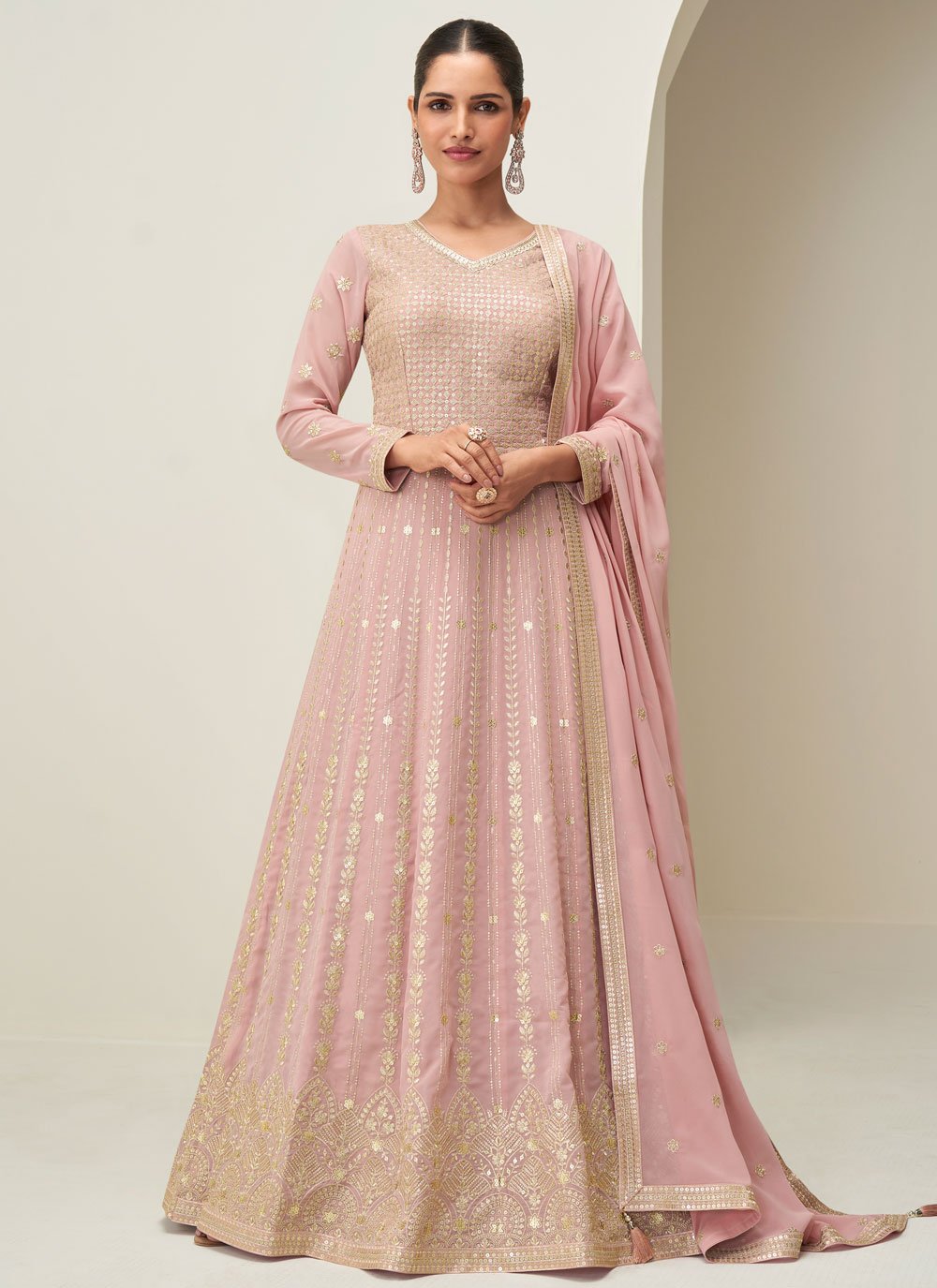 Elegant Georgette Pink Sequins Floor Length Gown -