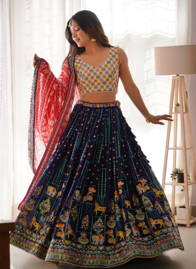 
                            Elegant Thread Blue and Multi Colour Faux Georgette A Line Lehenga Choli