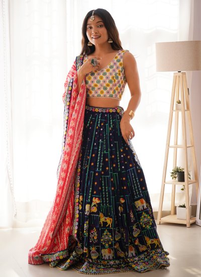 Elegant Thread Blue and Multi Colour Faux Georgette A Line Lehenga Choli