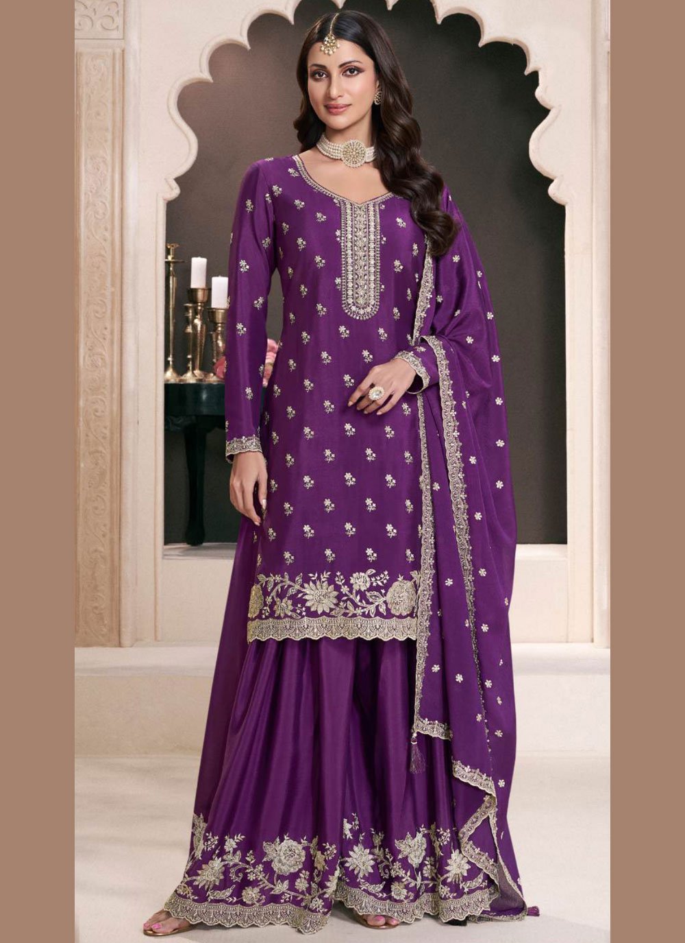 Embroidered Chinon Designer Salwar Kameez in Purple -