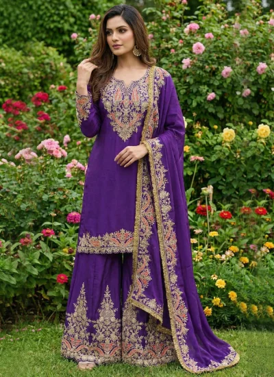 Embroidered Chinon Salwar Kameez in Purple