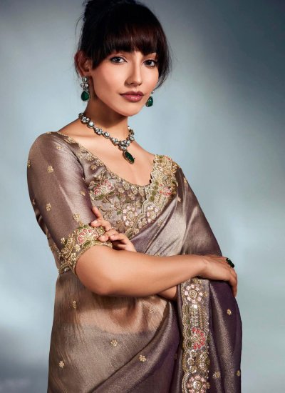 Embroidered Fancy Fabric Contemporary Saree in Purple