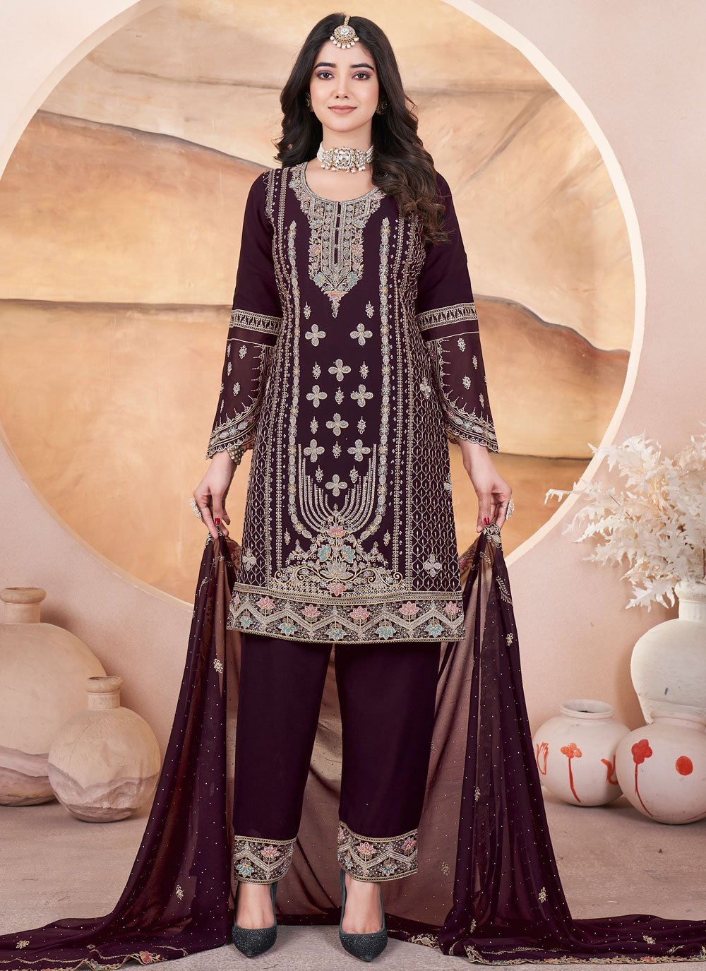 Embroidered Georgette Readymade Salwar Kameez in Purple Embroidered Georgette Readymade Salwar Kameez in Purple