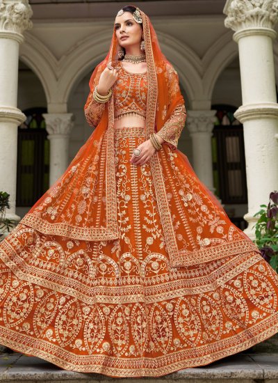 
                            Embroidered Net Designer Lehenga Choli in Orange
