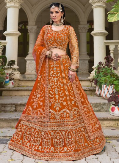 Embroidered Net Designer Lehenga Choli in Orange