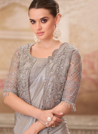 
                            Embroidered Satin Silk Designer Saree in Silver