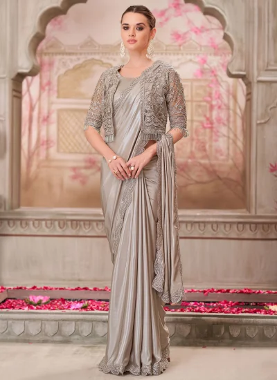 Embroidered Satin Silk Designer Saree in Silver