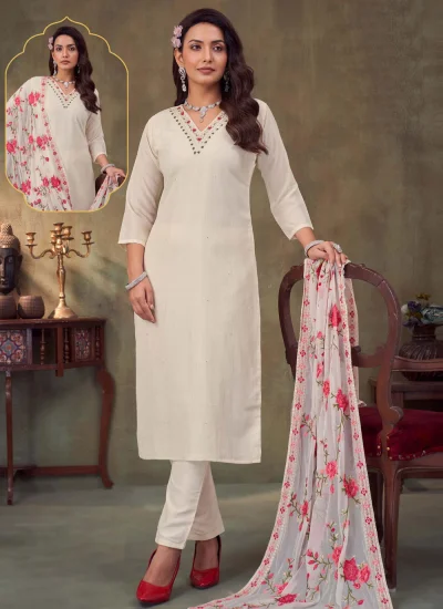 Embroidered Silk Salwar Kameez in Off White