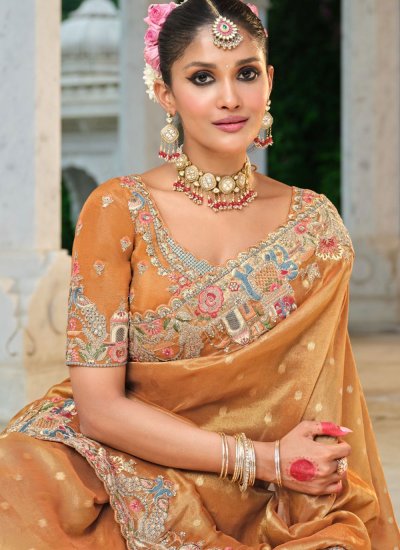 
                            Enthralling Khatli Work Tissue Orange Trendy Saree