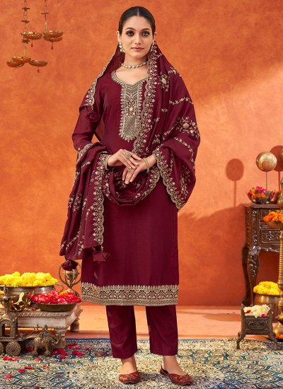Exceptional Wine Embroidered Trendy Salwar Kameez