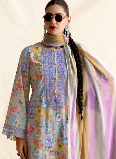 
                            Exotic Cotton Lawn Beige Floral Print Pant Style Suit