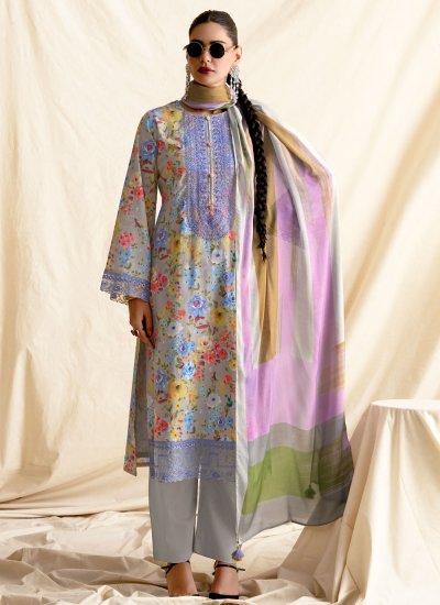 Exotic Cotton Lawn Beige Floral Print Pant Style Suit