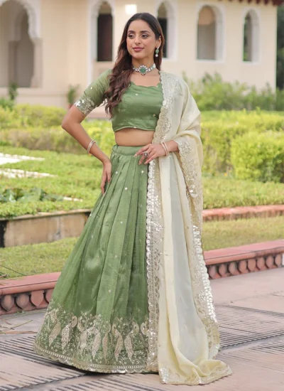 Exquisite Green Embroidered Crush A Line Lehenga Choli