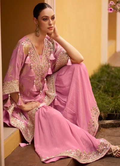 
                            Extraordinary Pink Embroidered Viscose Palazzo Salwar Kameez