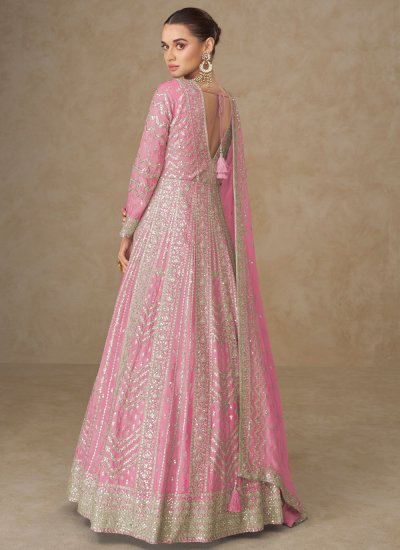 Extraordinary Silk Pink Embroidered Floor Length Gown