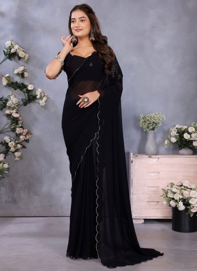 Exuberant Black Embroidered Georgette Contemporary Saree