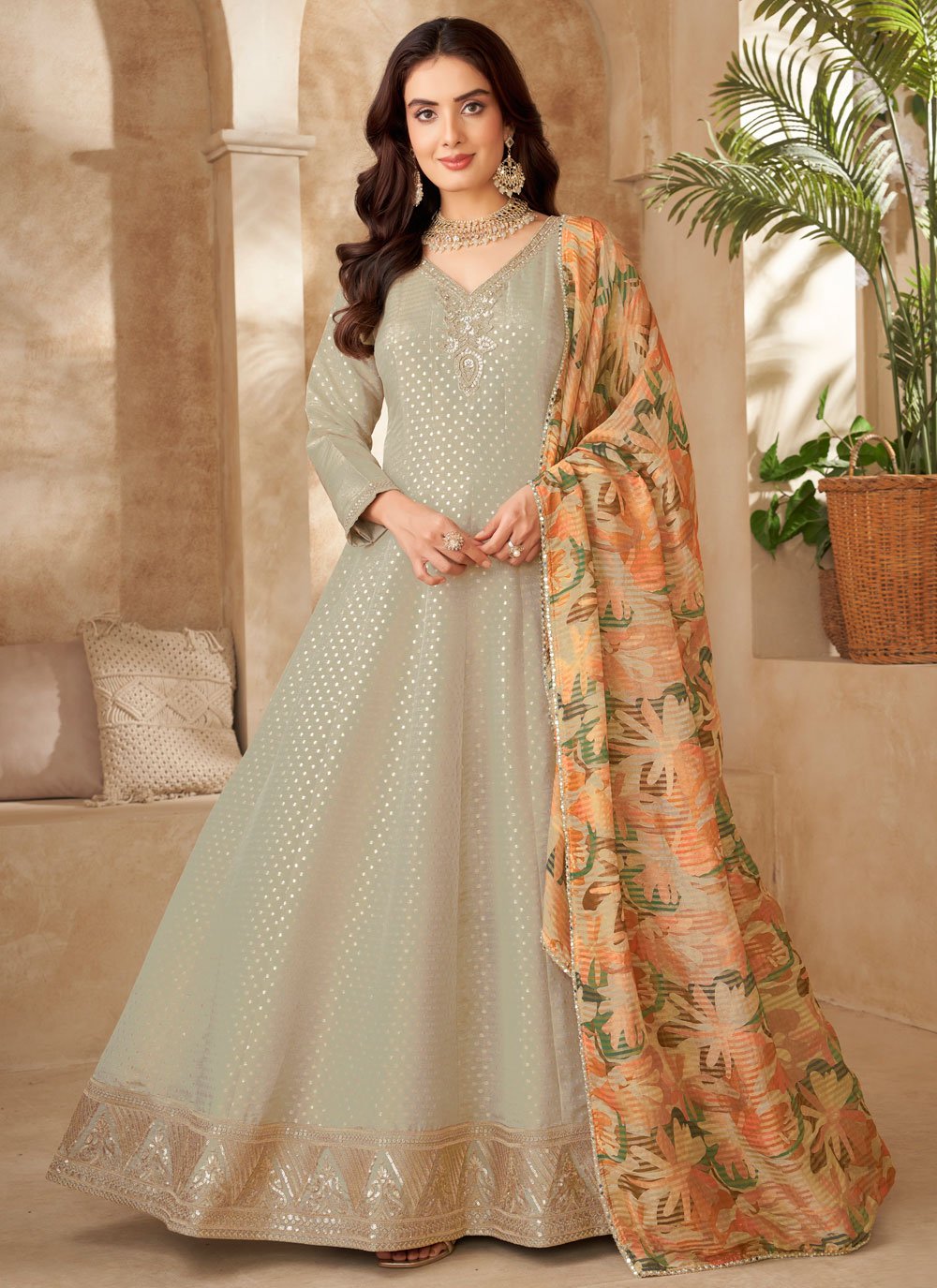 Eye-Catchy Zari Mehndi Readymade Gown -