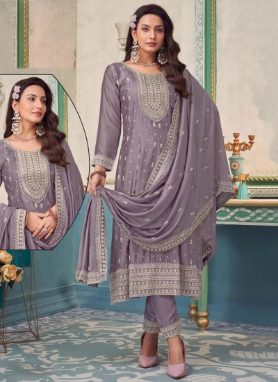 Fabulous Silk Embroidered Grey and Lavender Trendy Salwar Kameez