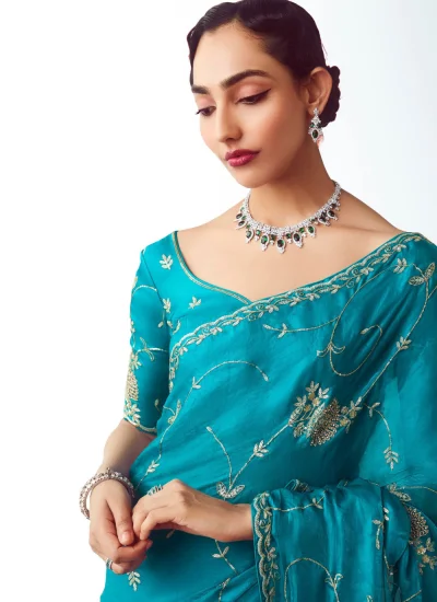 
                            Fancy Fabric Embroidered Traditional Saree in Aqua Blue