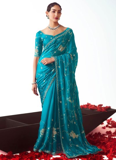 Fancy Fabric Embroidered Traditional Saree in Aqua Blue