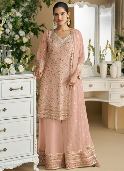 Faux Georgette Sequins Peach Salwar Kameez