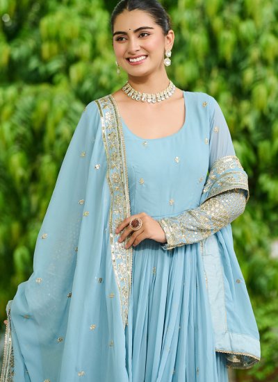 Faux Georgette Trendy Gown in Aqua Blue