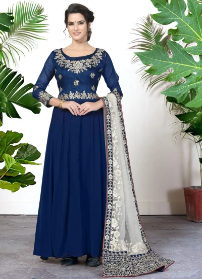 Faux Georgette Zari Trendy Salwar Kameez in Blue