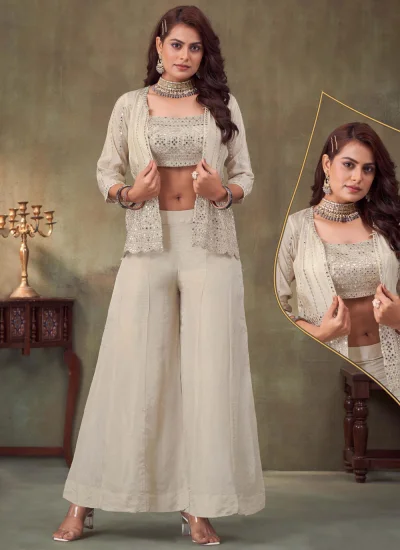 Georgette Embroidered Palazzo Salwar Kameez in Off White