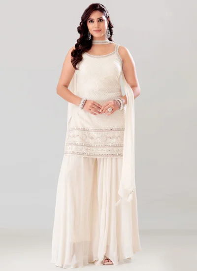 Georgette Embroidered Sharara Set in White